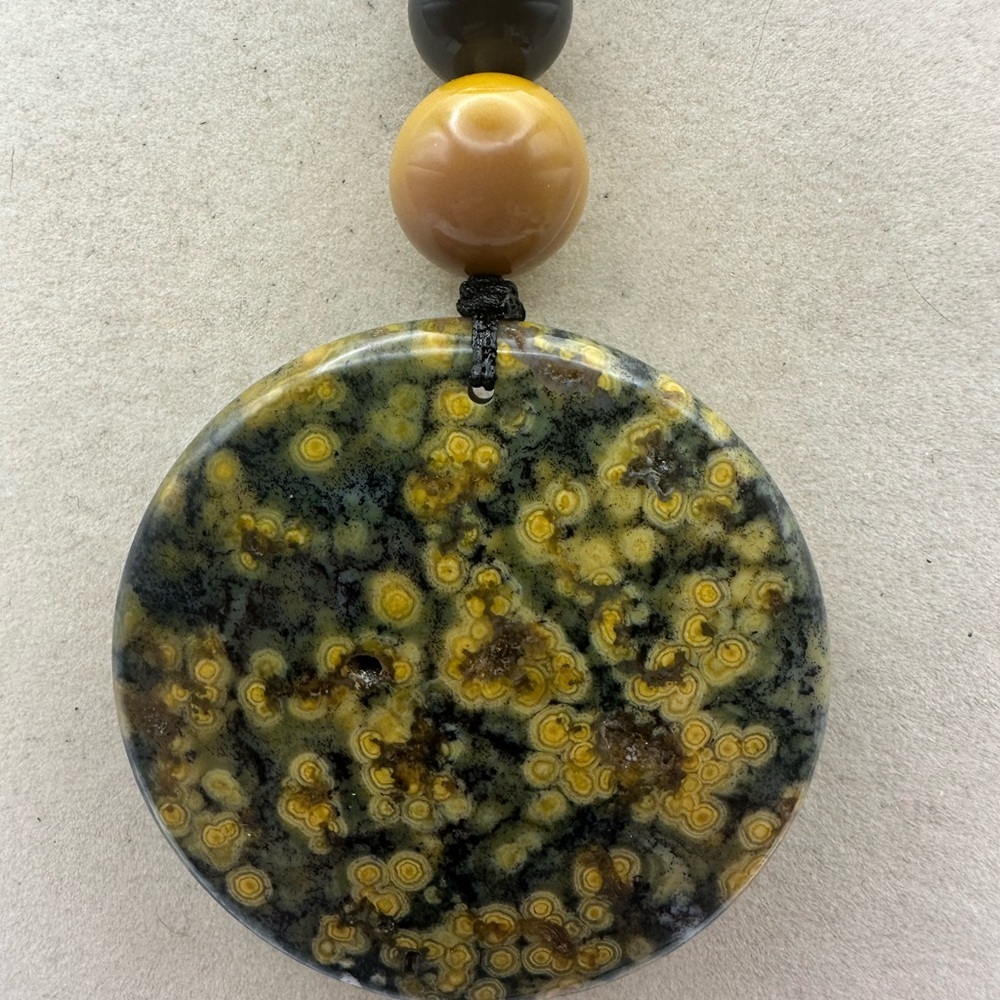 Large Round Ocean Jasper Pendant Necklace with Mookaite Jasper and Onyx on Rope - Picture 3 of 14